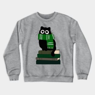 cat with green scarf on book stack Crewneck Sweatshirt